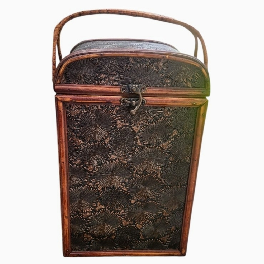 Hand Carved Wooden Bamboo Asian Tea Storage Box Wine  Storage Vintage